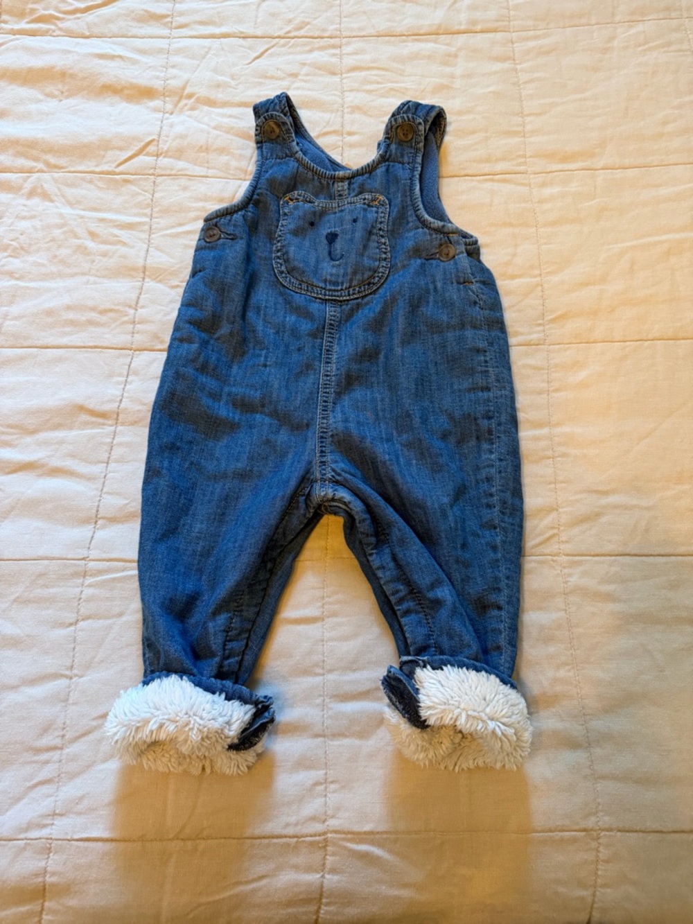 GAP Blue Denim Bear Pocket Overalls with Fleece Cuffs